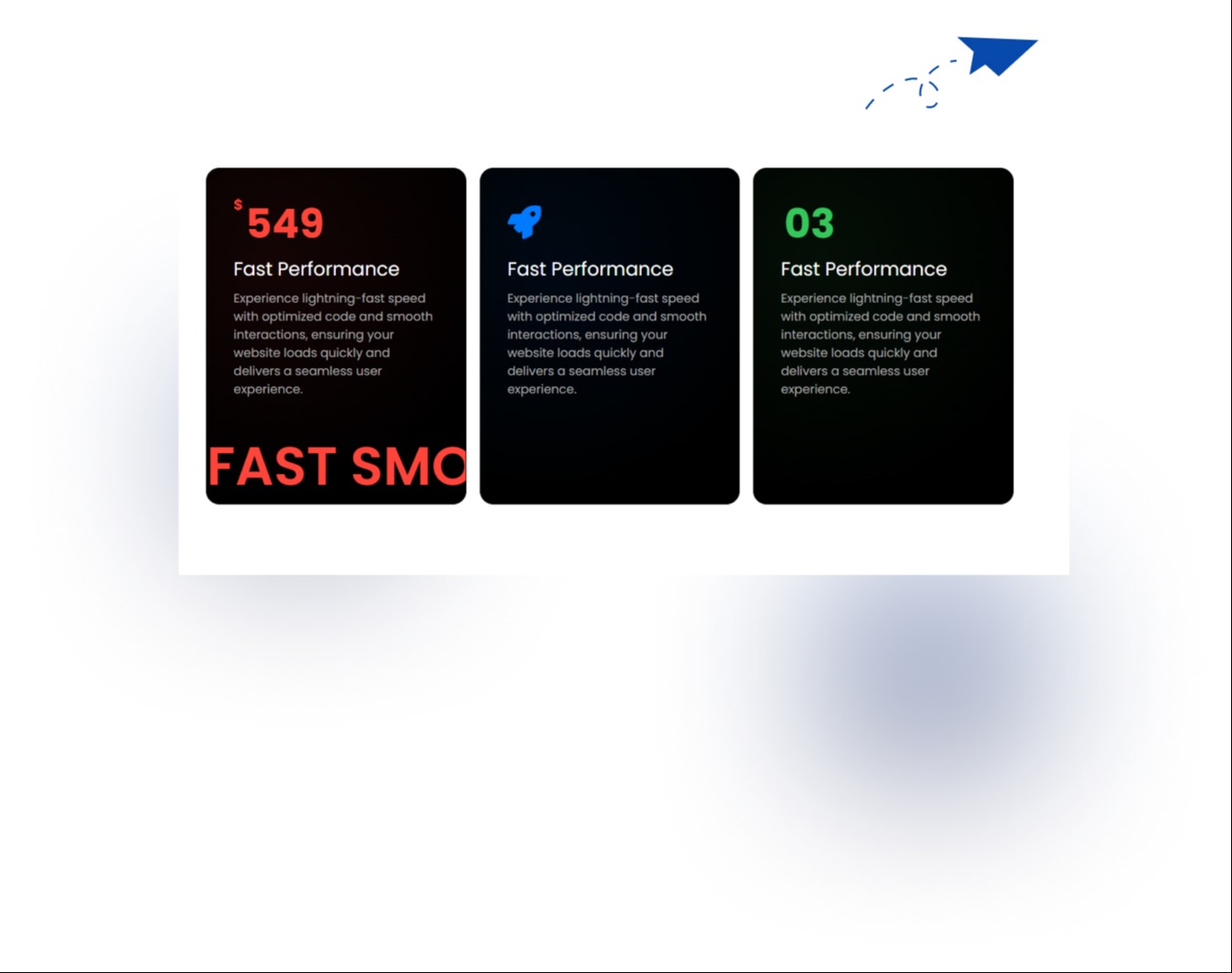 Display 3 interactive cards with smooth marquee-style hover text effects.