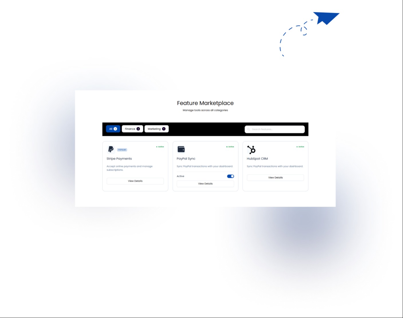 Organize and showcase integrations with category tabs, search, and popup details.