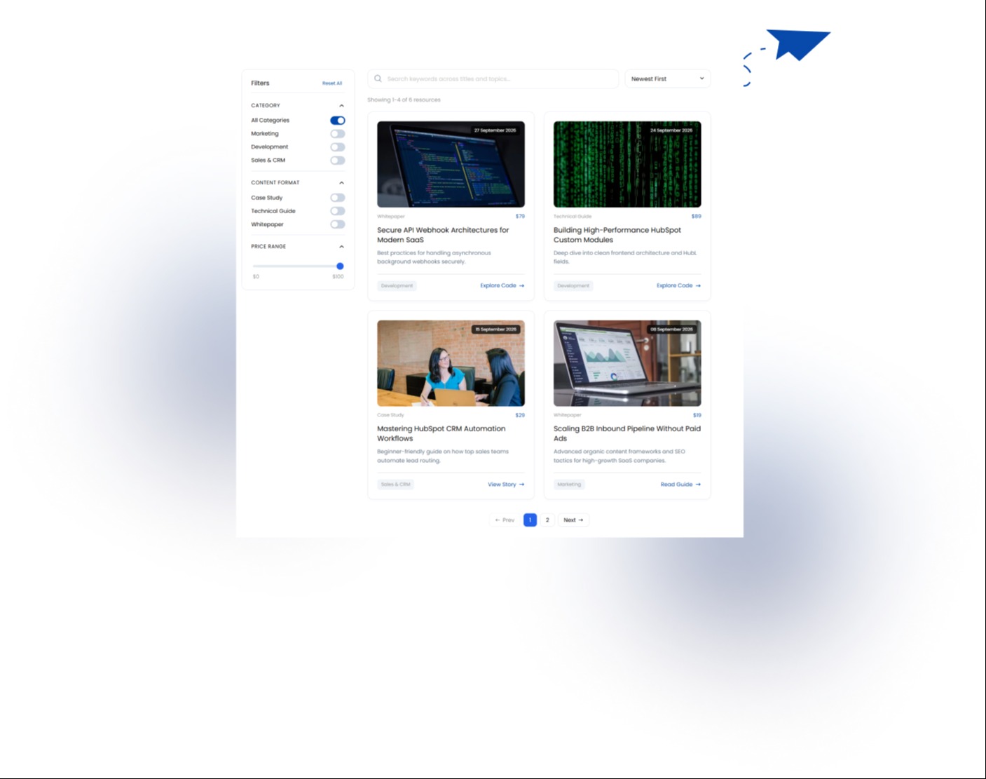 Find the right resources with advanced search, filters, sorting, and price ranges.