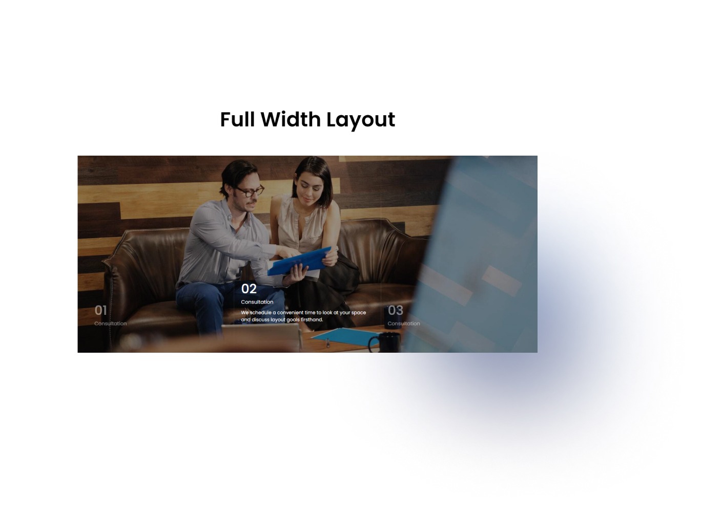Full Width banner with dynamic content and background images that change on hover or autoplay.