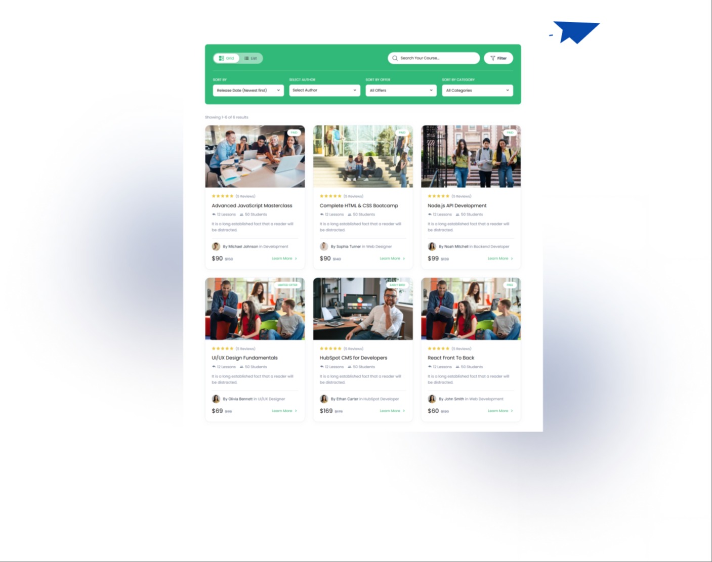 Search and filter courses by category, author, offer, and date.