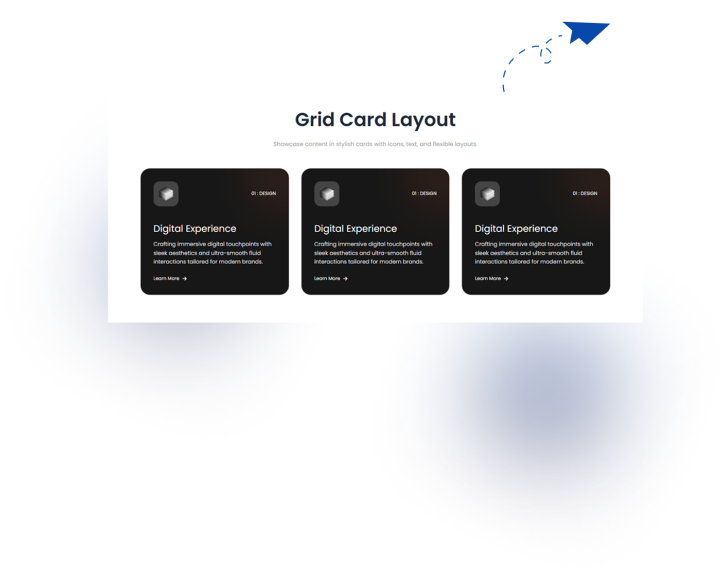 Showcase cards in a flexible grid with customizable columns and smooth hover effects.