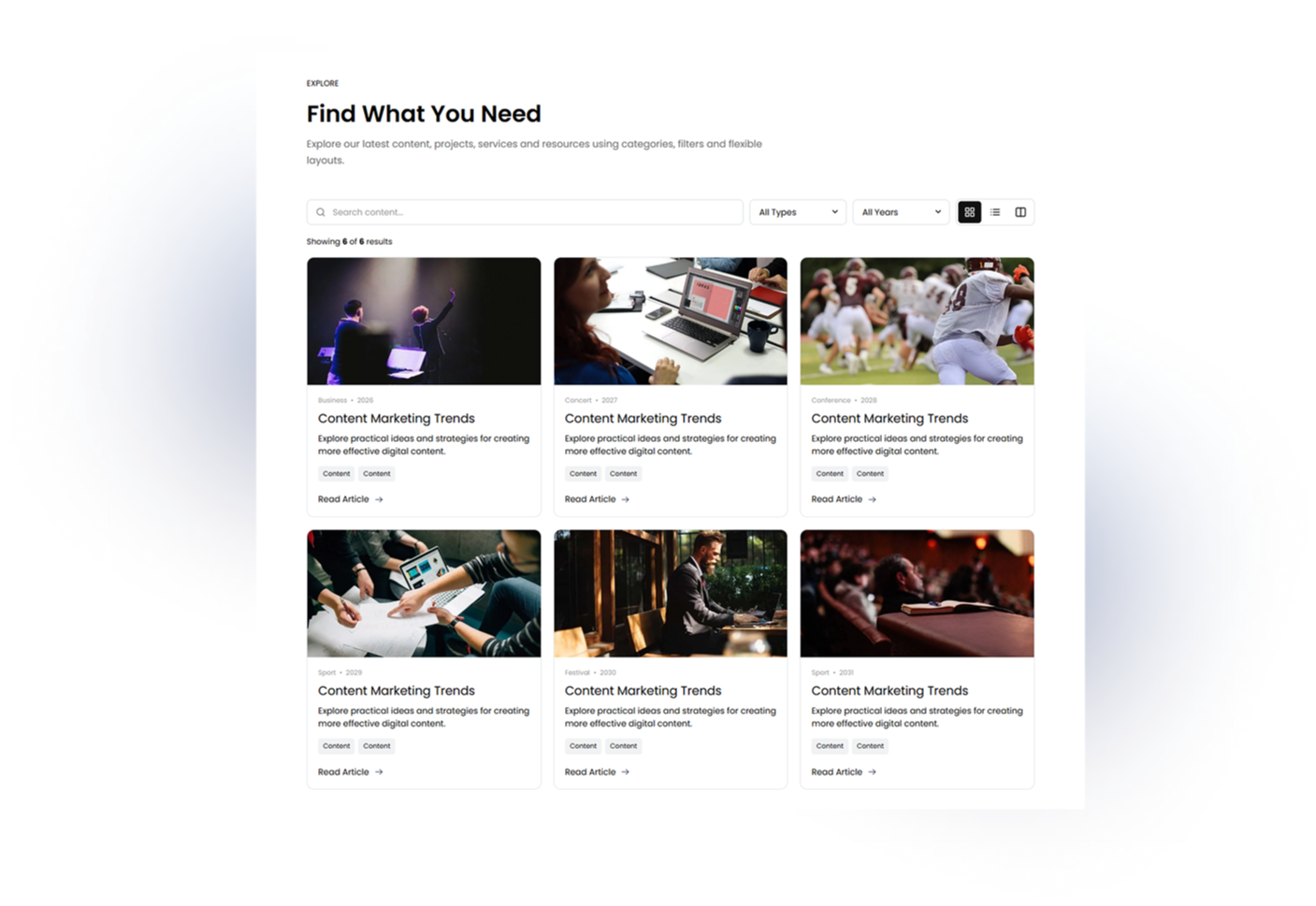 Filter and organize content with tabs, search, tags, and customizable cards.